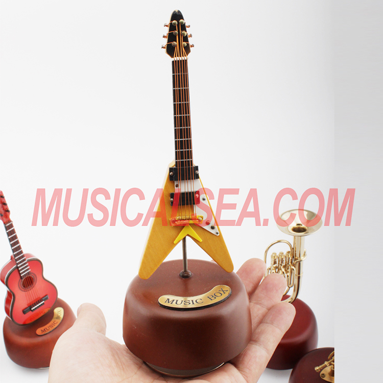 Miniature wooden guitar carousel music box mu